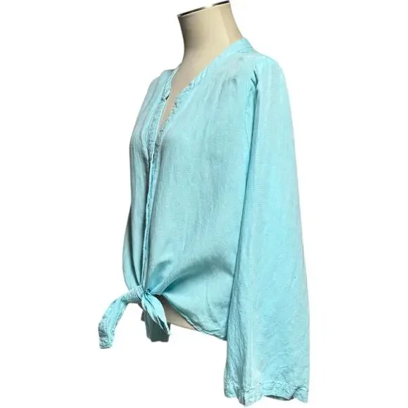 Boston Proper Linen Flare Sleeve Tie Front Top Aqua Splash Blue XL - Picture 4 of 8